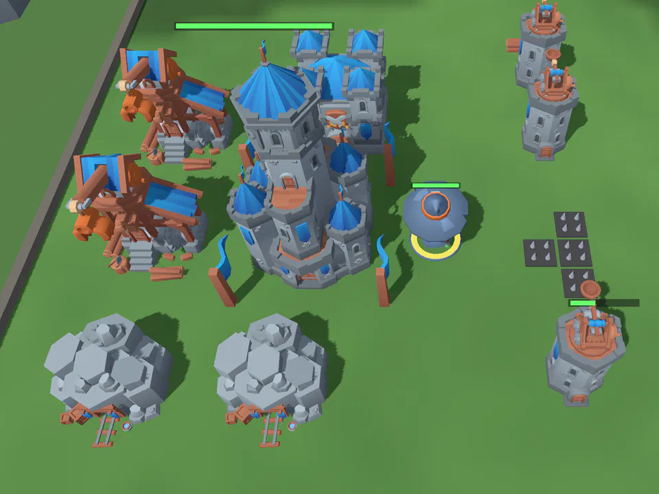 A blue base: a castle surrounded by lumber mills, stone quarries, catapult towers and spike traps.