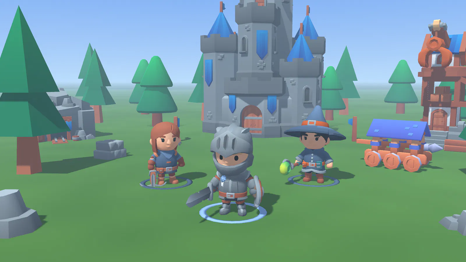 Three chibi heroes, a knight, an archer and a mage, stand in front of a blue castle, with a battering ram and a lumber mill.